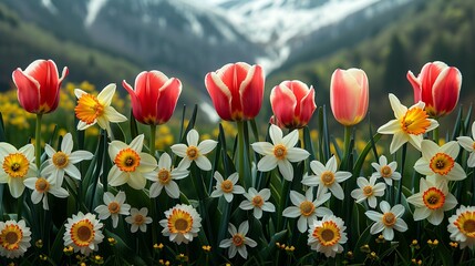 Wall Mural - Lively spring flower background with a mix of tulips, daisies, and daffodils, rendered in bright, cheerful colors that evoke the freshness and vibrancy of the season. Minimal and Simple,