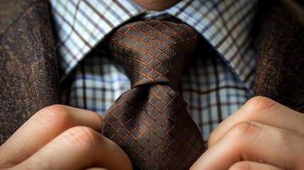 Close-up of a businessman adjusting his tie, reflecting attention to detail and professionalism.