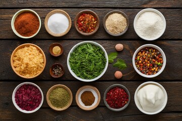 Wall Mural - Ingredients and spice for cooking on wooden table