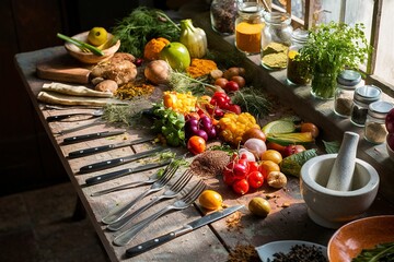 Wall Mural - Ingredients and spice for cooking on wooden table