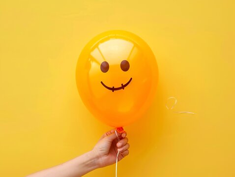 Person clutching yellow balloon smiley face