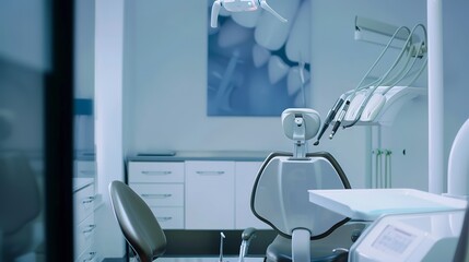 Poster - Wall art in a dental office, close-up, foggy with no humans, dim twilight