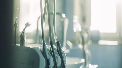 Poster - Close-up of a fluoride treatment set, foggy, deserted, soft focus, early morning light