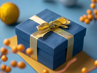 Blue gift box, gold ribbon, gold bow