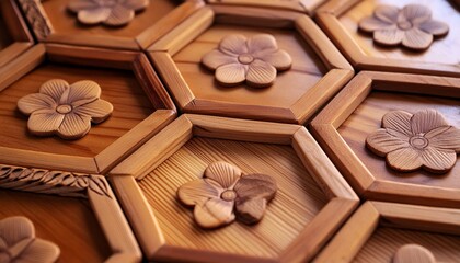 Wall Mural - Elegant Harmony: Wooden Pattern Texture in Asian Design with Japanese Floral Elements