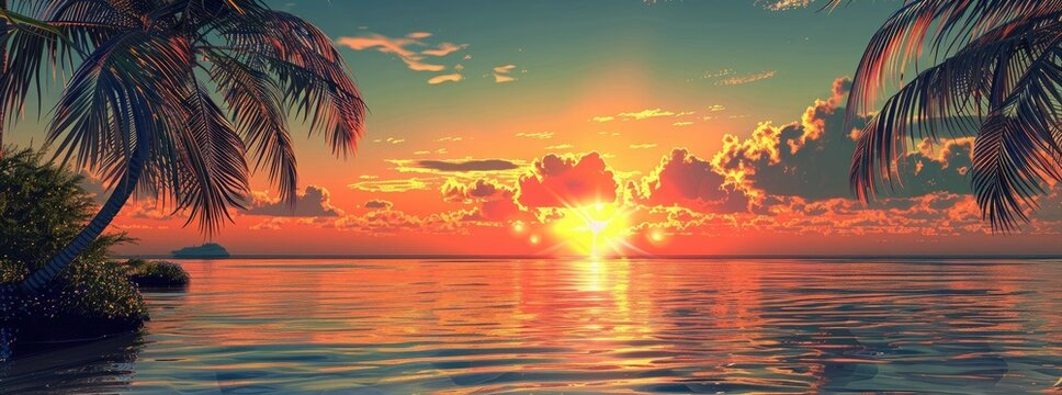Tropical sunset with palm trees and sea background vector illustration, detailed, realistic,