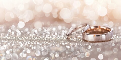 a image of two wedding rings sitting on a shiny surface