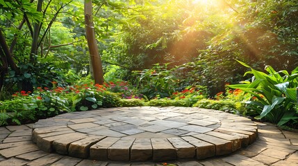 Outdoor podium background set in a picturesque garden. Lush greenery and colorful flowers surround the podium. Natural sunlight with dappled shadows creates a serene setting