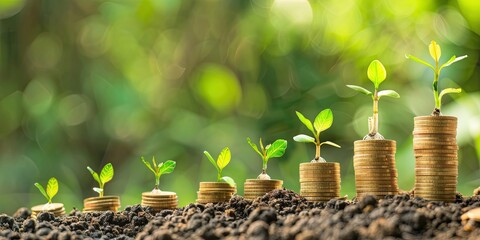 Green sprouts grow from stacks of gold coins placed in soil, symbolizing financial growth and investment. The background is a soft-focus natural scene, enhancing the theme of nurturing wealth.