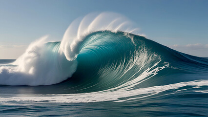 Colossal waves surge across the boundless ocean, showcasing nature's untamed might.