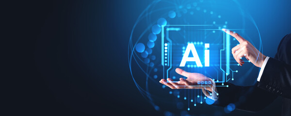 Poster - Businessman finger touch digital AI hologram with circuit connection. Copy space