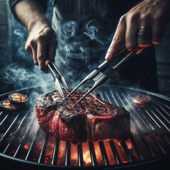 Wall Mural - Large beef steak grilling with smoke on the barbecue
