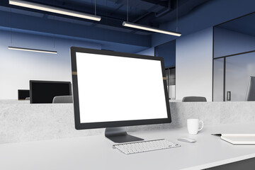 Poster - Office business interior with mockup pc computer screen on work table