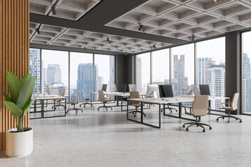 Poster - Modern open office space with cityscape view, minimalist interior design featuring a large plant. Bright workspace concept.  3D Rendering