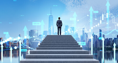 Poster - businessman on concrete stairs, new york skyscrapers and forex trading hologram