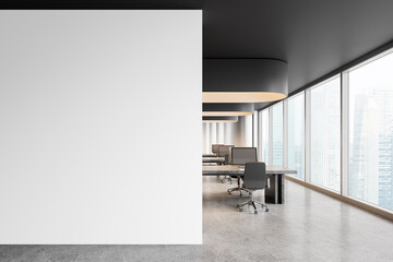 Poster - Office coworking interior with pc computers and panoramic window. Mockup wall