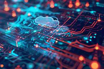 Wall Mural - A close-up image of a circuit board with a digital cloud icon, depicting the concept of cloud computing