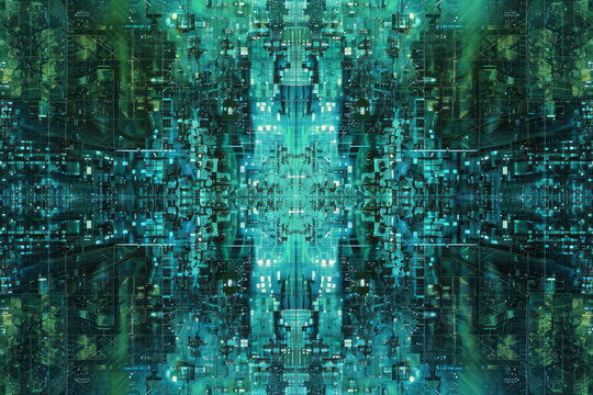 An abstract, digital art image with a kaleidoscopic pattern of green and blue hues