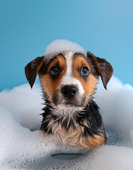 Sticker - An adorable puppy in a bubble bath looking worried