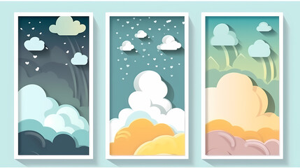 Vertical posters set with fluffy clouds. Weather forecast app widgets. Thunderstorm, rain, sunny day, night and winter snow.Paper cut style.