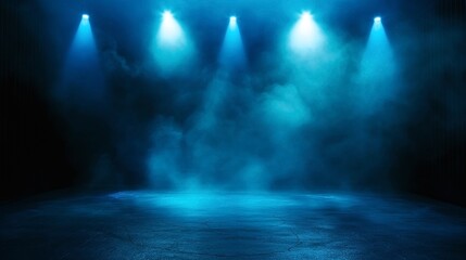 Wall Mural - Empty stage with four blue spotlights and smoke, creating a dramatic and atmospheric ambiance.