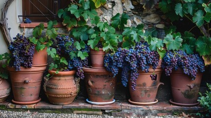 Poster - Abundant clusters of ripe,purple grapes cascading from lush grapevines planted in charming terracotta pots,set against a backdrop of green foliage in a peaceful outdoor garden or vineyard landscape.