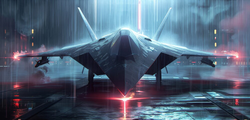 Poster - Advanced stealth fighter jet silhouetted against a dramatic,stormy night sky,poised for action with its engines roaring and weapons systems active.