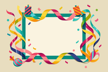 Poster - a colorful frame with streamers and confetti, Minimal birthday frame made of colorful streamers arranged in a geometric pattern