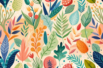 Poster - a colorful floral pattern with leaves and flowers, A watercolor pattern with hand-painted textures and organic shapes for a soft and artistic feel