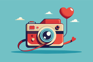 Aufkleber - a camera with a heart shaped balloon attached to it, A vintage camera with a heart-shaped lens, capturing a love note floating on a gentle breeze