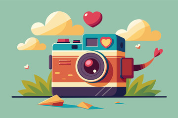 Poster - a camera with a heart shaped balloon attached to it, A vintage camera with a heart-shaped lens, capturing a love note floating on a gentle breeze
