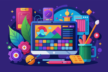 Poster - a computer screen with a flat screen and various objects, A vibrant vector artwork of a creative software interface with editing tools and a color palette
