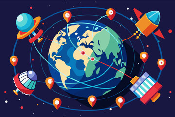 Poster - a flat design of a space station with rockets and planets, A vibrant vector artwork of a network of satellites orbiting the Earth, providing global connectivity