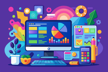 Poster - a computer screen with a flat screen and various objects, A vibrant vector artwork of a creative software interface with editing tools and a color palette