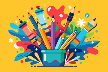 Poster - a pot full of school supplies with a flower, A light bulb icon representing ideas and creativity