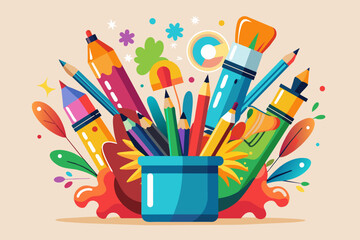 Poster - a pot full of school supplies with a flower, A light bulb icon representing ideas and creativity