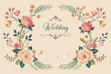 Poster - a wedding card with roses and leaves, A set of elegant wedding invitations with floral borders and calligraphy script