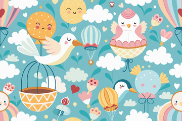 Poster - Whimsical birds, cheerful hot air balloons, A seamless baby shower pattern with clouds, hot air balloons, and storks carrying babies arranged in a whimsical pattern