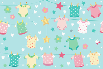 Aufkleber - a baby shower curtain with clothes hanging on a line, A seamless baby shower pattern with baby clothes hanging on a line, interspersed with hearts and stars, on a light blue background