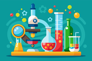 Poster - a microscope and some laboratory equipment, A microscope and a science experiment with bubbling beakers and test tubes