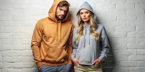 Fashionable couple portrait with plain hoodie mockup