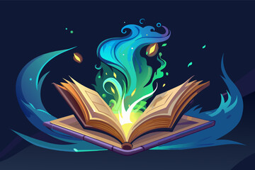 Poster - an open book with a glowing flame coming out of it, A glowing book with a magical aura, emanating sparks and swirling energy from its open pages