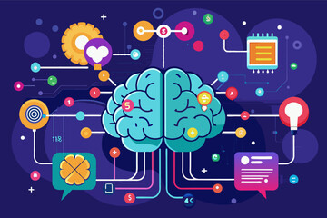 Fototapete - a brain surrounded by various icons, A conceptual illustration of an artificial intelligence brain network with interconnected neurons and data flow