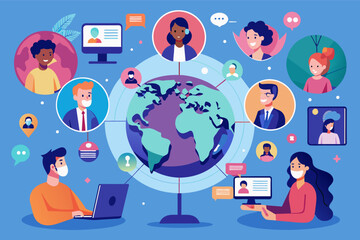 Fototapete - people are sitting around a globe with social icons, A conceptual vector artwork of technology connecting people across the globe through video conferencing