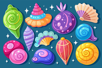 Poster - a colorful sea life pattern with shells and seashells, A collection of sparkling seashells in vibrant colors and unique shapes, some spiraled, some fluted, and some perfectly smooth