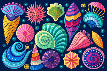 Poster - a colorful sea life pattern with shells and seashells, A collection of sparkling seashells in vibrant colors and unique shapes, some spiraled, some fluted, and some perfectly smooth