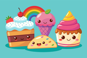 Poster - a group of different types of desserts, A collection of delicious desserts with happy faces: a slice of cake with rainbow sprinkles, a cupcake with a cheerful swirl of frosting