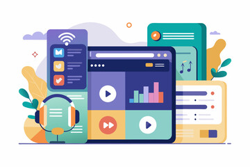Poster - a laptop and a phone with music on the screen, A clean and minimalistic illustration of a music streaming app interface with browsing options and playlists