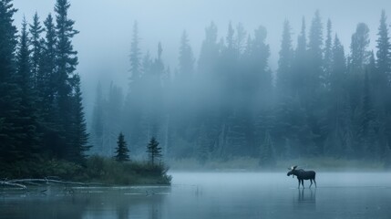 Wall Mural - Moose Standing in Misty Forest Lake at Dawn