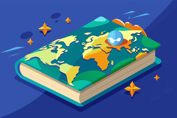 Aufkleber - a book with a map on it, A book with a world map illustration on its cover, inviting exploration and adventure